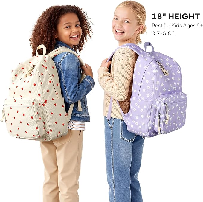 mibasies School Backpack for Girls with Laptop Sleeve: 18IN Large Capacity Corduroy Bookbag for Primary Middle School/College, Travel Daypack for Teens Women - Purple Flower