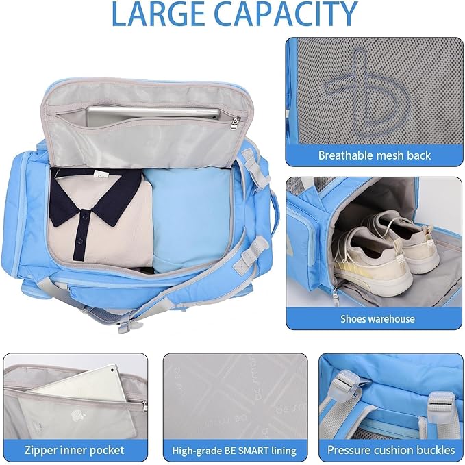 BE SMART 2 in 1 Convertible Gym Duffel Bags with Shoes Compartment - 40L Waterproof Extra Large Workout Backpack for Gym Men, Heavy Duty Sports Duffle Backpacks for Travel, Hiking, Camping, Carry On