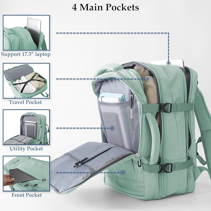 Travel Backpack, Expandable Large Capacity Business Work, Water Repellent Carry On Daypack with USB Charging Port, Fit 17 Inch Laptop, Bag for Men and Women,Mint Green
