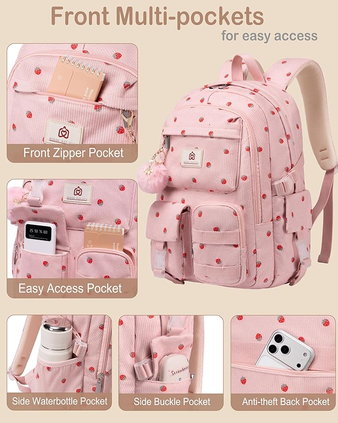 Hidds School Backpack for Teens Girls Women 15.6 Inch Laptop College Backpacks Corduroy Work Bag Kids Elementary Middle High Campus Bookbag Students Anti Theft Travel Daypack Womens - Pink Strawberry