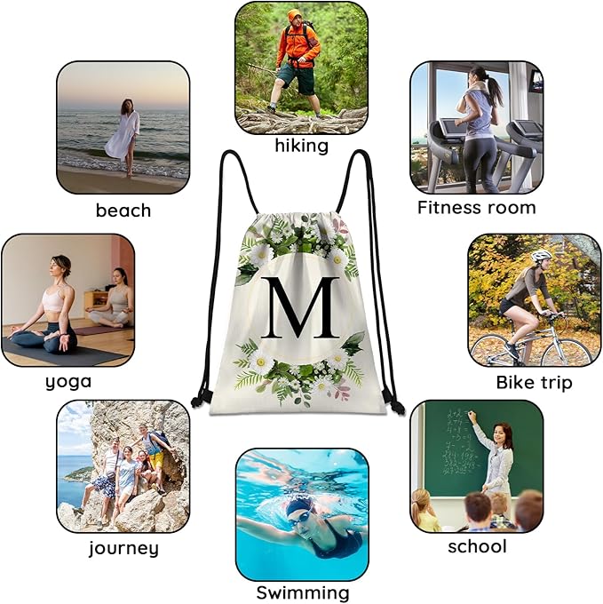 Initial Letter Drawstring Backpack String Sports Gym Bags Waterproof Sackpack Cute for Men Women Beach (13"×17") (Letter-M)