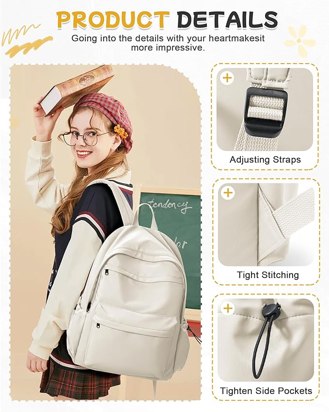 BJLFS Beige School Backpack for Girls Women Waterproof High School Book Bag Cute Backpack for Men Teens Boys, Lightweight Simple Middle School Back Pack Daypack