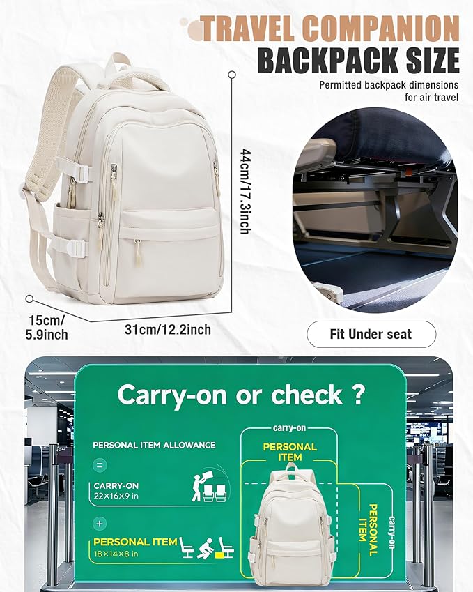 BOXSAM Lightweight Backpack for Women, Large Laptop Travel Backpack Casual Daypack College Bag Rucksack for Men. Beige
