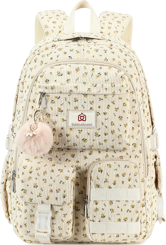 Hidds School Backpack for Teens Girls Women 15.6 Inch Laptop College Backpacks Corduroy Work Bag Kids Elementary Middle High Campus Bookbag Students Anti Theft Travel Daypack Womens - Beige Floral