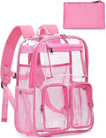 Large Clear Backpack Heavy Duty for Women Men Boys Girls, Clear Bookbag for School, 17 Inch Transparent Backpack with Accessories for Work Casual Sport, pink