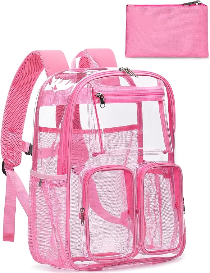 Large Clear Backpack Heavy Duty for Women Men Boys Girls, Clear Bookbag for School, 17 Inch Transparent Backpack with Accessories for Work Casual Sport, pink