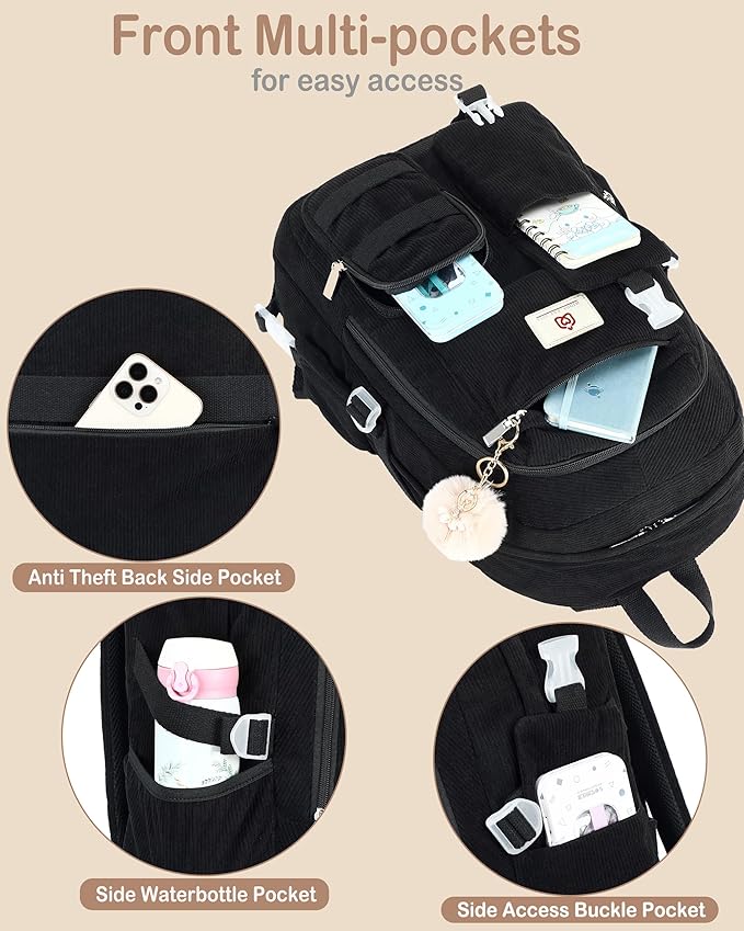Hidds School Backpack for Teens Girls Women 15.6 Inch Laptop College Backpacks Corduroy Work Bag Kids Elementary Middle High Campus Bookbag Students Back Pack Anti Theft Travel Daypack Womens - Black