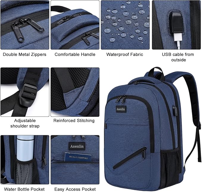 Asenlin Travel Laptop Backpack for Women & Men,Water Resistant Business Slim Sturdy Laptops Backpack with USB Charging Port,Fits 15.6 Inch Notebook College School Computer Bag-Blue