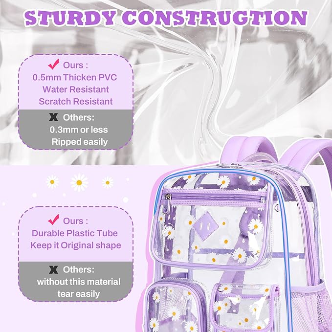 Clear Backpack for School,Heavy Duty PVC Transparent Bookbag for Girls Stadium Approved See Through Backpack