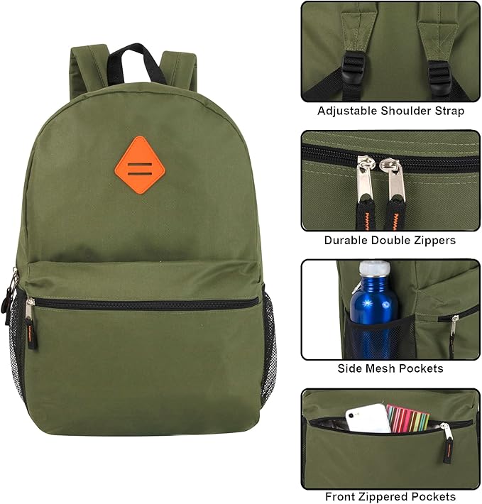 Trail maker Large School Backpacks with Mesh Side Pockets – Classic 19 Inch Solid Color Backpacks for Kids, Men, Women, Travel (Green & Orange)