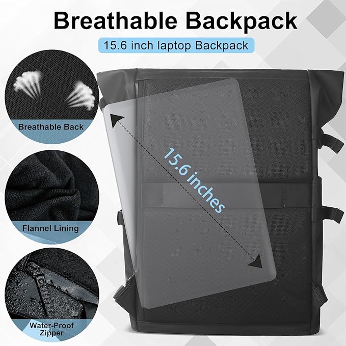 Rolltop Backpack, 15.6 Inch Waterproof Laptop Backpack with USB Charging Port, Expandable 18-27L Travel Backpack for Men Women, Casual Daypack for Work Business College-Black