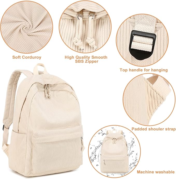 BTOOP School Backpack for Teens Large Corduroy Bookbag Lightweight 15.6 inch Laptop Bag for Girls Women Casual High School College