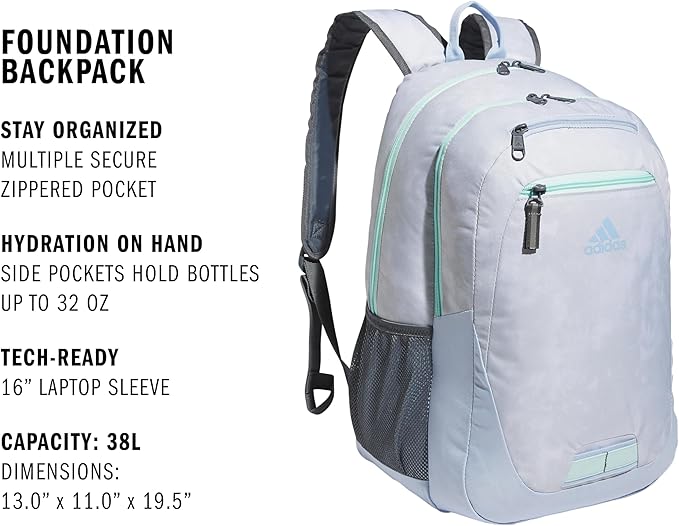 adidas Unisex Foundation Backpack for Laptop, Large Durable Athletic Gym Bag