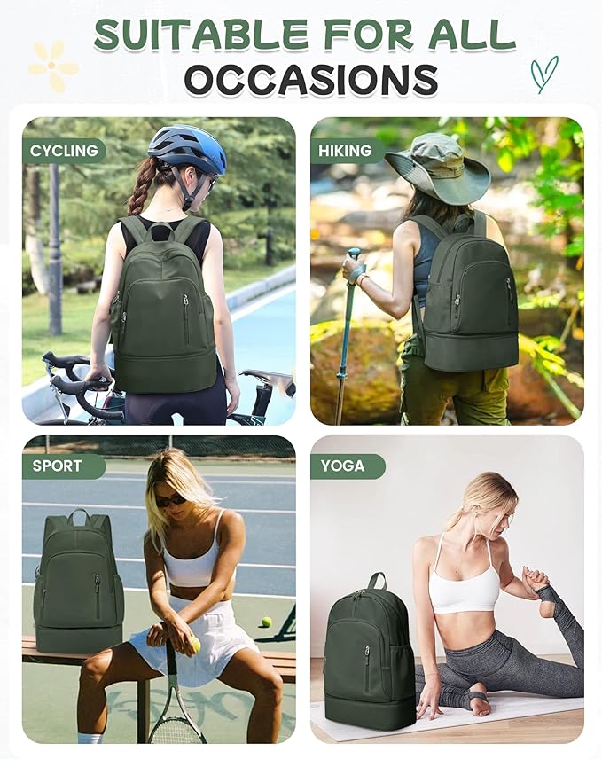 BJLFS Small Gym Backpack for Women Men, Waterproof Gym Track Bag with Expandable Shoe Compartment, Lightweight Mini Casual Daypack Sports Back Pack for Travel Hiking Dance Yoga Fitness Track, Green