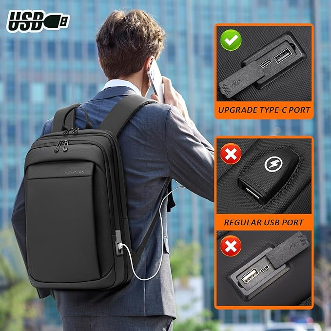 FENRUIEN Tech Backpack for Men, Expandable Backpack with USB C Charging Port, Water Resistant 17.3 Laptop Backpack, Black