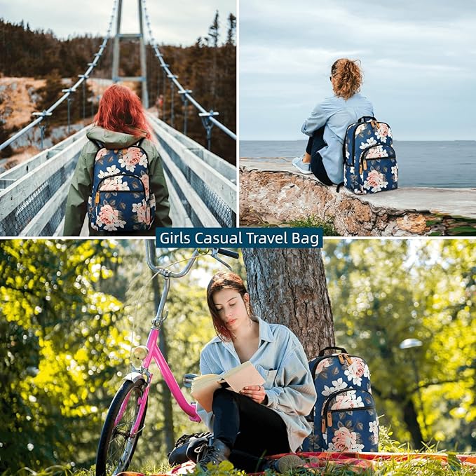 Leaper Water-resistant Floral Laptop Backpack Women Travel Bag Bookbags Satchel (Dark Blue-White Flower2)