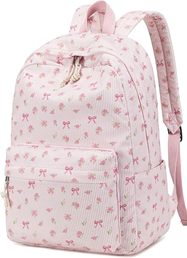 BTOOP School Backpack for Girls Teens Large Corduroy Bookbag Lightweight Casual High School College 17 inch Laptop Travel Bag (Pink Bow Floral-1)