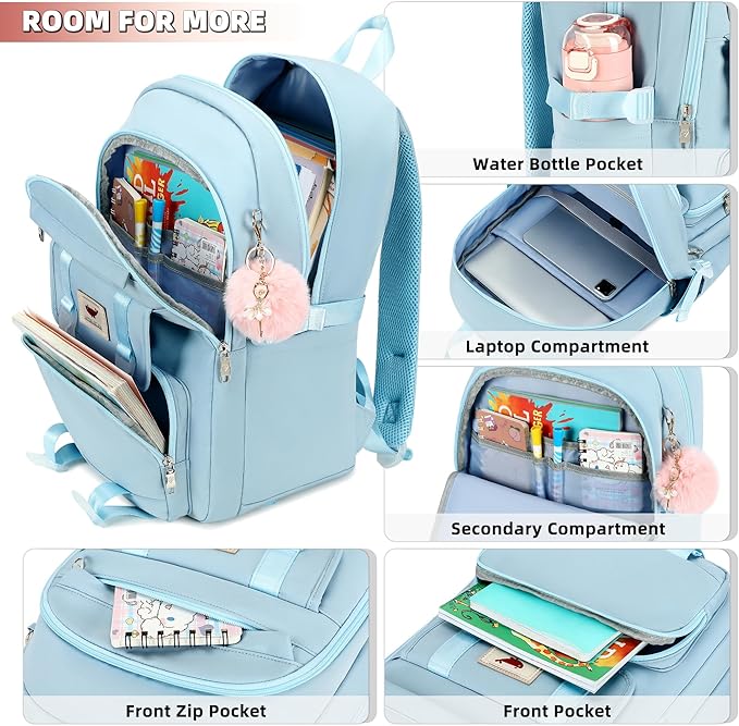 LXYGD 3 PCS Backpack for Teen Girls,Laptop Backpacks 15.6 Inch School Bag with Lunch Box Pencil Pouch Set for Students Aesthetic College Bookbag Travel Daypack(Blue)