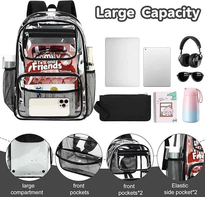 Bluboon Clear Backpack Heavy Duty Kids Boys Clear Bookbag See Through Backpacks with Pencil Case for College Work (Transparent Black)