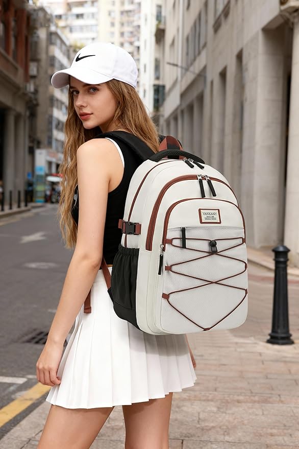 Teen Backpack for Girls, Women Bookbag for College Students Middle High School, Aesthetic Schoolbag Back Pack, White Black Brown