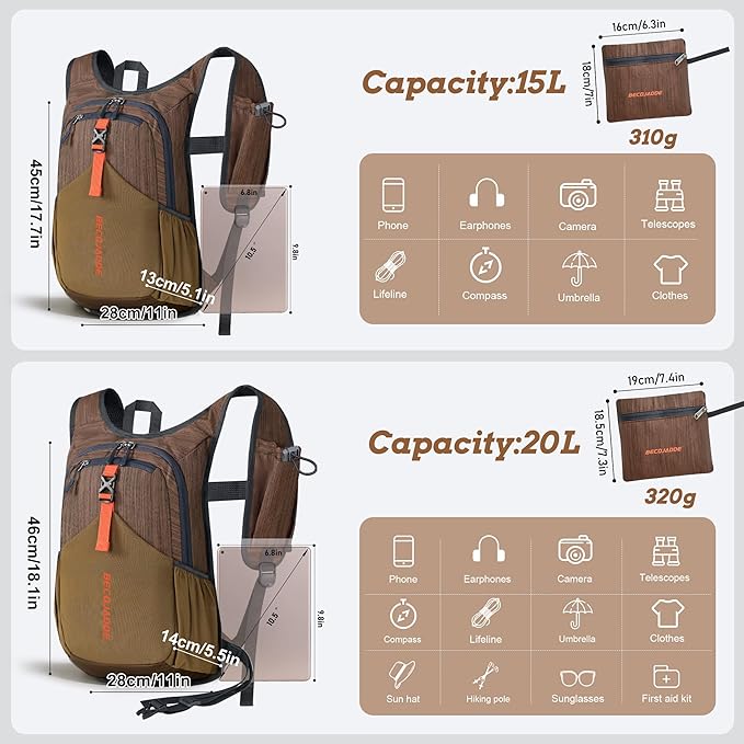 20L Small Hiking Backpack for Men Women Foldable Packable Back Pack Ultralight Hiking Daypack for Travel Camping Outdoor, Chocolate Brown