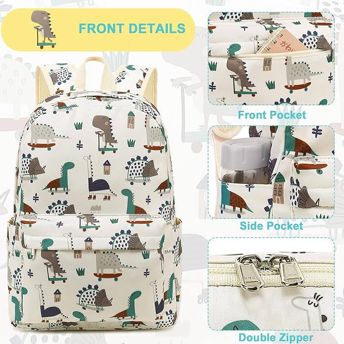 Kids School Backpack with Lunch Box for Boy Kindergarten BookBag School Bag Preschool Kindergarten Toddler Backpack (Dinosaur Beige)