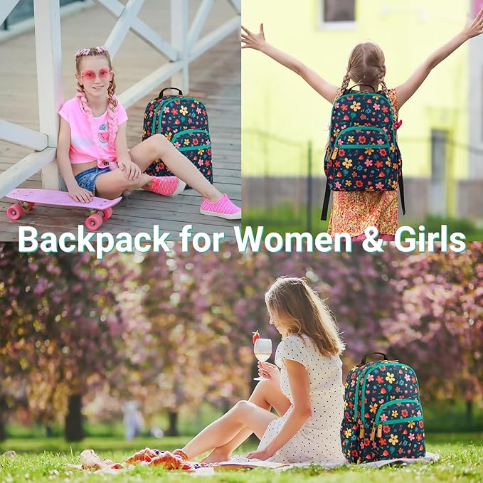 Leaper Fashion Floral Printing Laptop Backpack for Women Water-resistant College Backpack for Girls Kids Bookbags Travel Bag Casual Bag Satchel Dark Blue