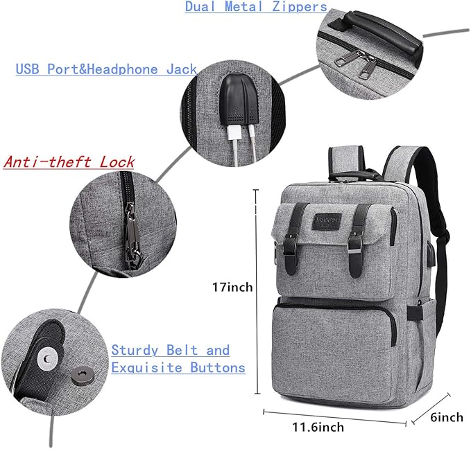 YALUNDISI Laptop Backpack for Women Men Vintage Backpack Bookbags Anti Theft Bookbag 16 inch Grey