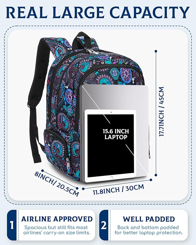 Large Backpack for Women Backpack with Lots of Pockets for Travel Work School Bookbag with Laptop Compartment for High School College Girls Mochilas Morrales para Mujer (Black/Teal, Paisley)