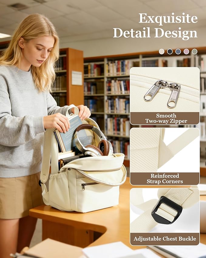 Lightweight School Backpack for Women Men, Multi Pocket Backpack for College Students, Waterproof Middle School Bags, Simple Bookbag for Teens Girls Boys, Beige