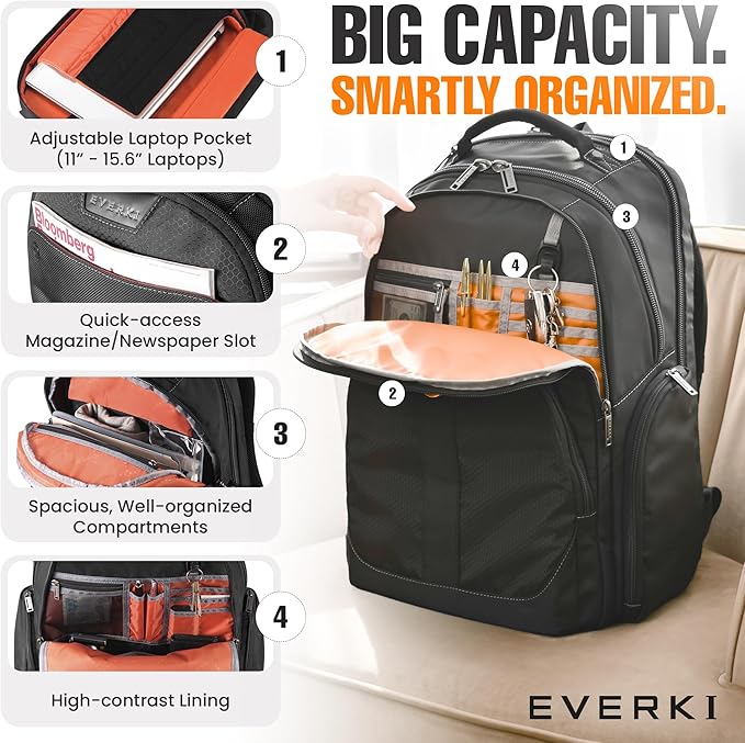 EVERKI Atlas Business 29.5L Laptop Backpack – Travel-Friendly Business & Office, Professional Backpack for Men & Women, Durable Computer Bag with Adjustable Padded Compartment, Fits 11"-15.6", Black