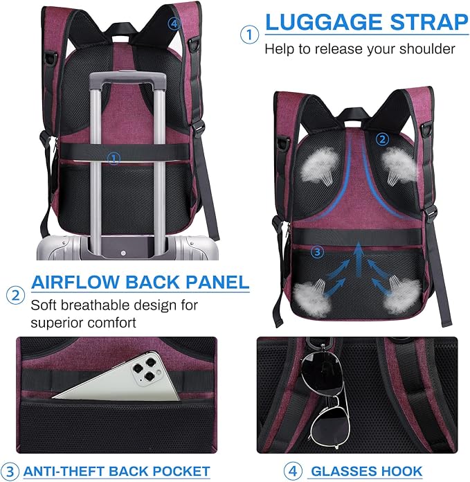 RAINSMORE Laptop Backpack 17 Inch Large Travel Backpack for Women Waterproof Computer Backpack Work Business College Bookbag TSA Friendly with USB Port, Rose Red