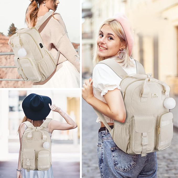 MATEIN Backpack for Teen Girls, 15.6 Inch Cute Corduroy Laptop Backpack Aesthetic College School Bookbag with Luggage Strap, TSA Lightweight Soft Kawaii Travel Backpacks for Women Nurse, Beige