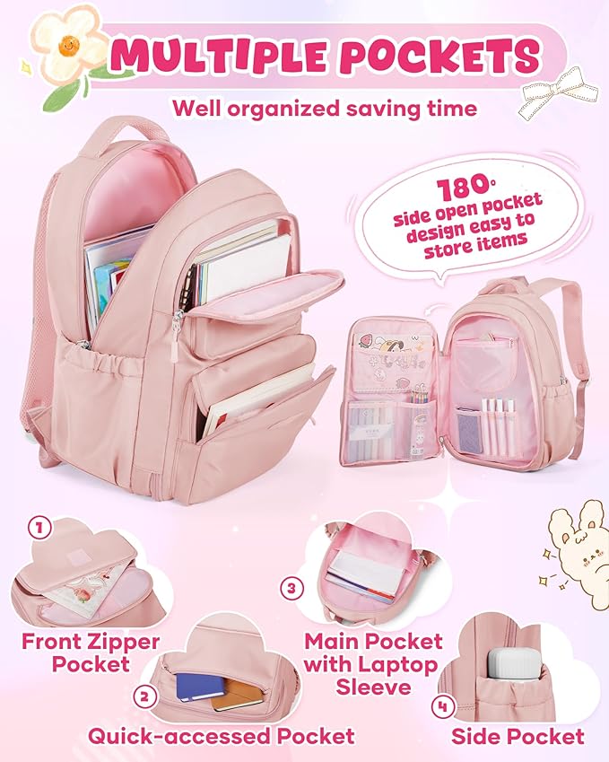 Backpack for Girls,Kids School Backpack Girls Cute Kindergarten Elementary Preschool Middle School Bags Kids Teens Aesthetic Bookbag Kawaii Backpacks Student Daypack Pink