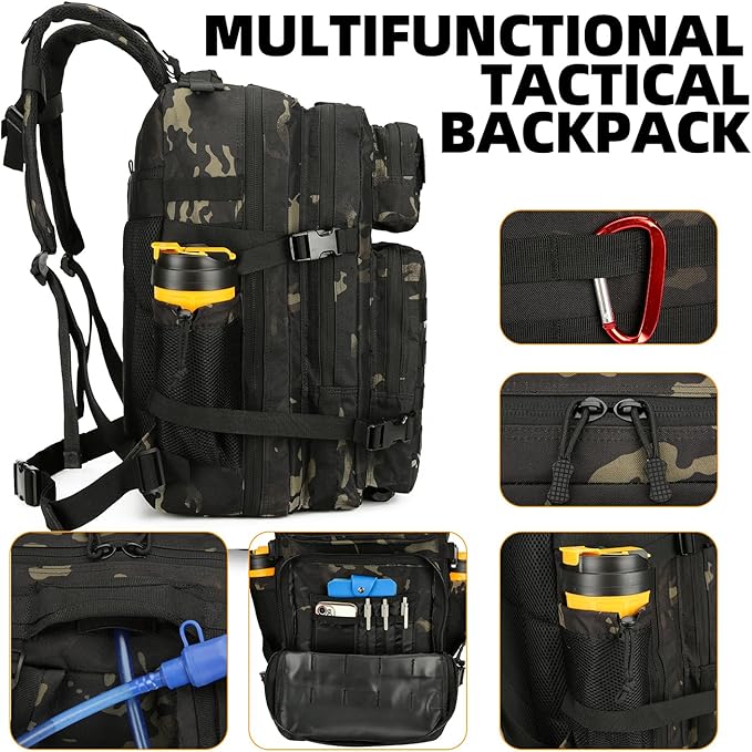25L Tactical Backpack for Men and Women Military Backpack Small Assault Pack Molle Backpack Bug Out Bag Travel Rucksack Daypack (Black Camo)