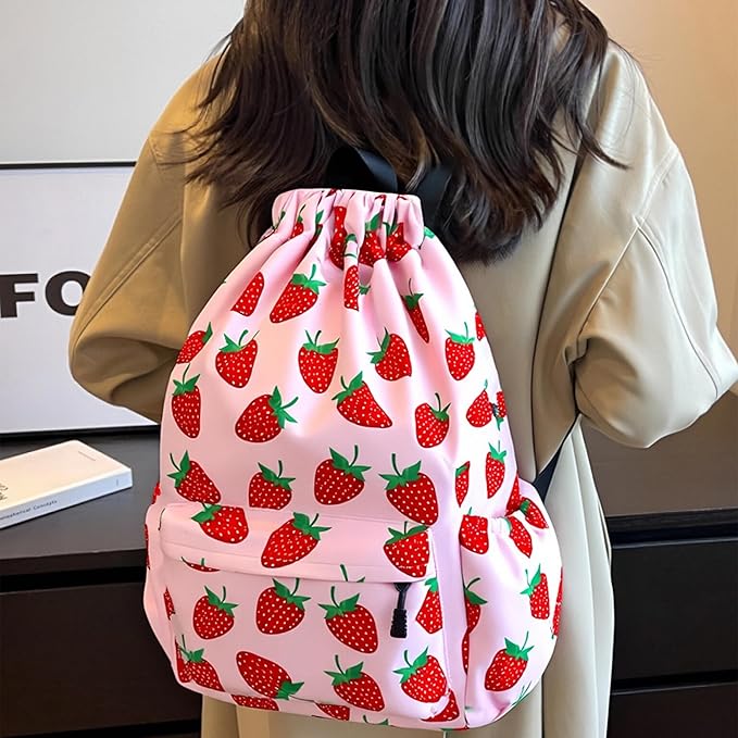 Drawstring Backpack for Women Drawstring Gym Bag Water Resistant Small Cinch Sack Pull String Backpack Bag (Strawberry)