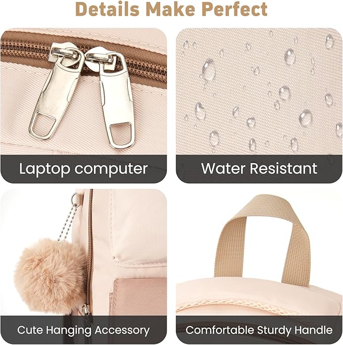 School Backpack for Girls Teens, Cute Aesthetic College Backpacks Large 17.3 Inch Laptop Bag Preppy Bookbag for Women Students Travel (Khaki Beige)