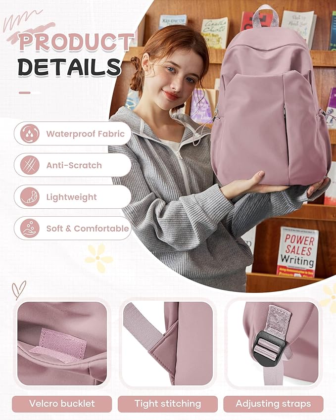 SEAFEW Small Pink School Backpack Women, Unisex Lightweight Backpack School Bag Water-resistant Casual Rucksack fits 14 inch Laptop for Boys Girls Men and Women Bookbag College Daypack for Teenage