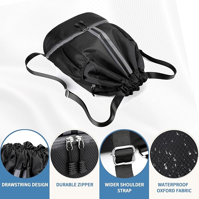 Drawstring Backpack Gym Bag with Shoes Compartment for Soccer, Basketball, Swim, Water-Resistant String Backpack Beach Cinch for Women Men