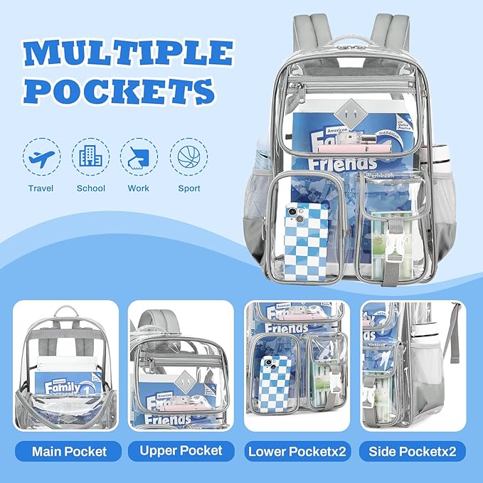 Clear Backpack for School,Heavy Duty PVC Transparent Bookbag for Girls Stadium Approved See Through Backpack