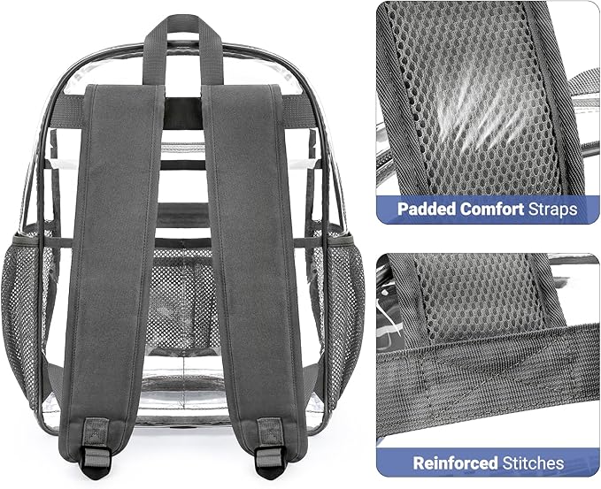 ZORFIN Clear Backpack Heavy Duty for School & Work – 17in Transparent PVC Bag with Large Capacity & Reinforced Straps – See Through Bookbag for Men, Women, Boys & Girls, Workplace Security - Grey