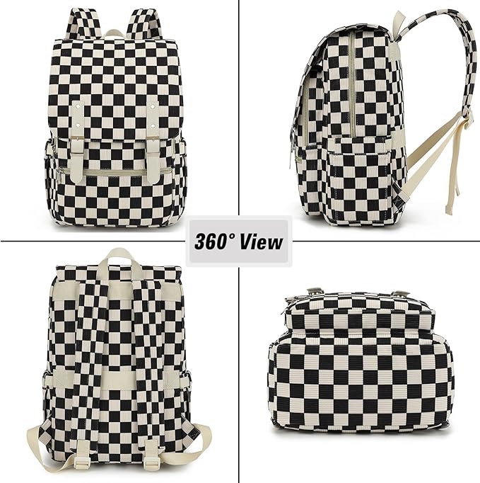 Corduroy Travel Backpack for Women, 15.6 Inch College Laptop Backpack, Fashion School Bookbag Work Backpacks (Corduroy Checkered Black)