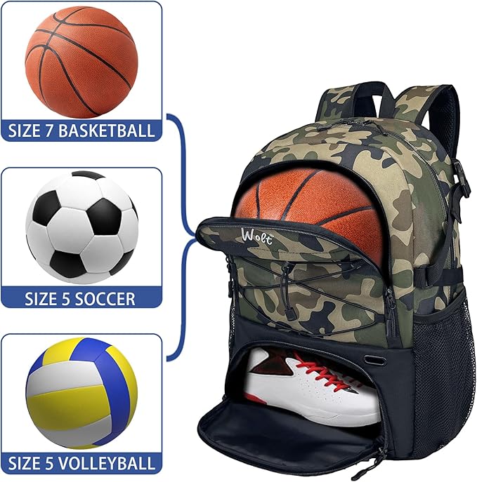 WOLT Basketball Backpack Large Sports Bag with Separate Ball Holder & Shoes Compartment, Best for Basketball, Soccer,Gym