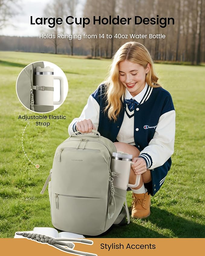 LOVEVOOK Laptop Backpack for Women Men with Giant Tumbler Holder - 15.6Inch Work Computer Travel Backpack with Laptop Compartment, Water Resistant, Cute Commuter College Teacher Nurse Purse Bag, Green