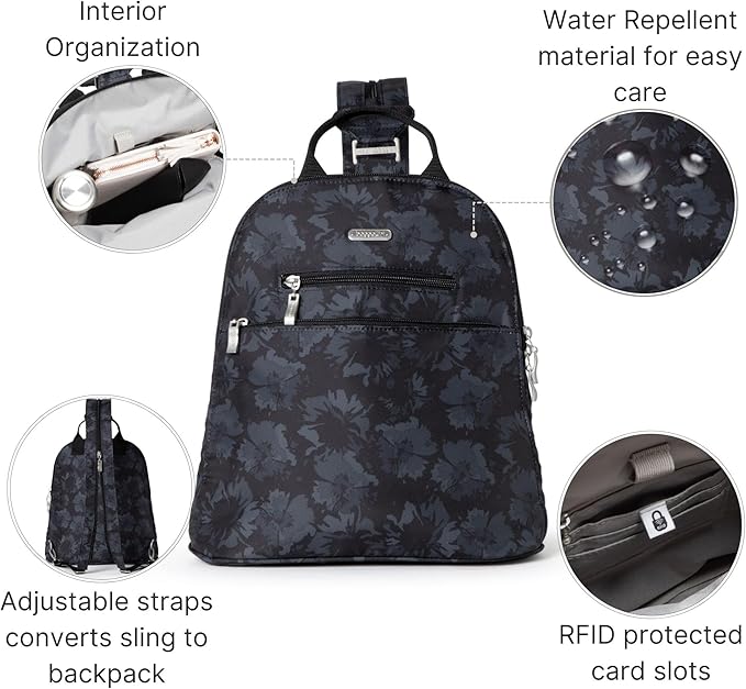 Baggallini Essential Mini Backpack Purse for Women - Built-in RFID Card Holder - Convertible Sling Bag with Adjustable Shoulder Strap