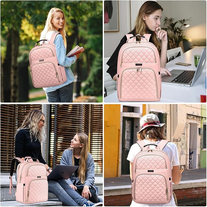 Backpacks for Women, Cute School Backpack for Teen Girls, 15.6 Inch Cute Quilted Laptop Backpack, Large Bookbag for Middle School College Students, Pink