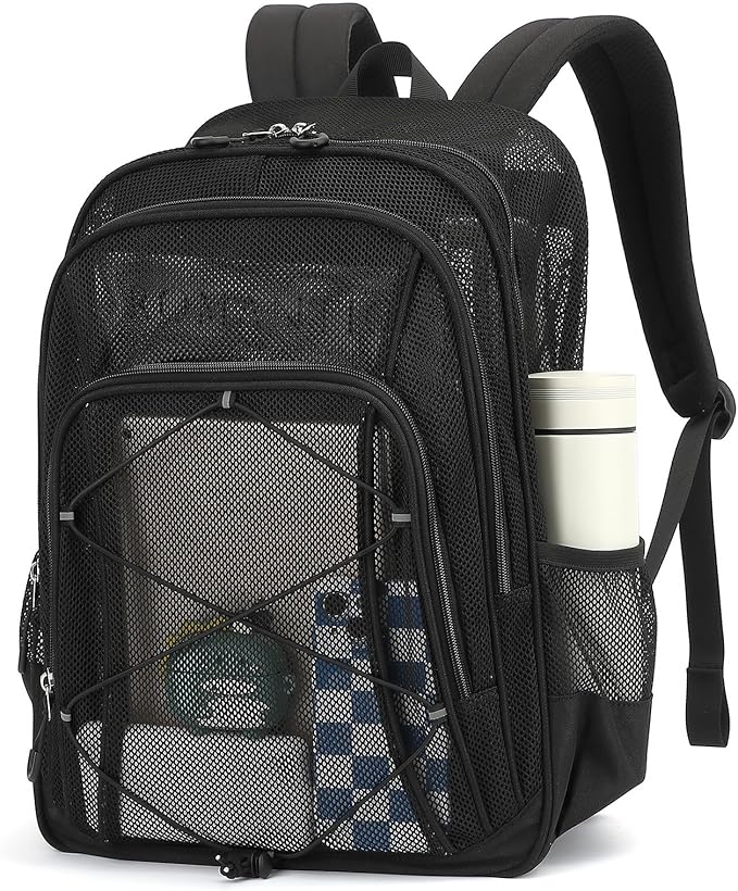 Mesh Backpack, Heavy Duty Mesh Bookbag for Girls Boys Kids, See Through Clear Backpacks, Net Backpack Transparent Breathable for School Beach Swim Travel Outdoor, Black