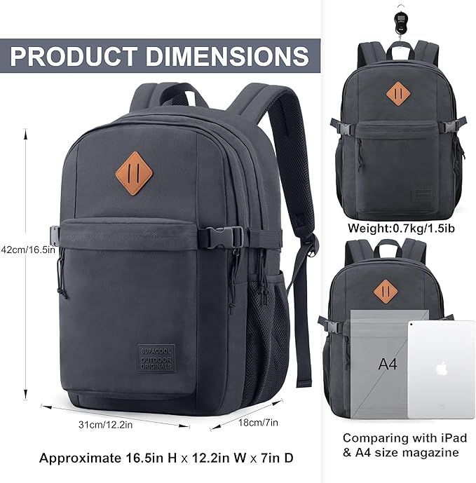 SUPACOOL Casual Backpack For School, Classical Travel Backpack for Men and Women, Bookbag for Boys, Girls and Kids, Laptop Compartment(Dark Grey)