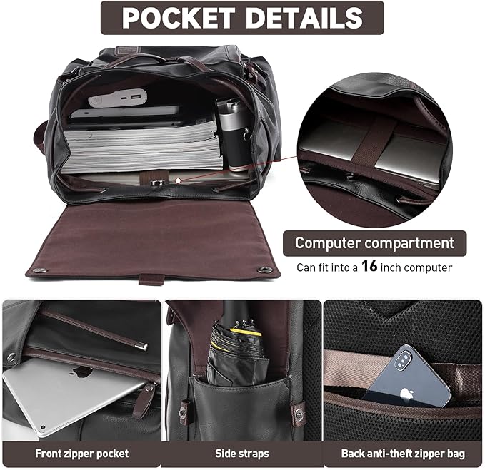 Laptop Travel Backpack For Men Vintage PU Leather Water-Resistant College School Casual 15.6" Laptop Work Backpack Gift For Male Female Black