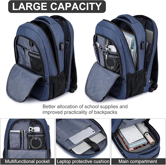 Asenlin Travel Laptop Backpack for Women & Men,Water Resistant Business Slim Sturdy Laptops Backpack with USB Charging Port,Fits 15.6 Inch Notebook College School Computer Bag-Blue